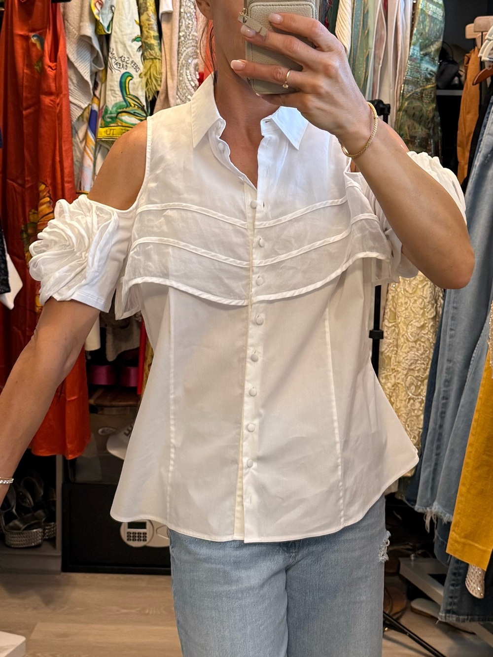 Anne Fontaine White Cold-Shoulder Ruffle Blouse